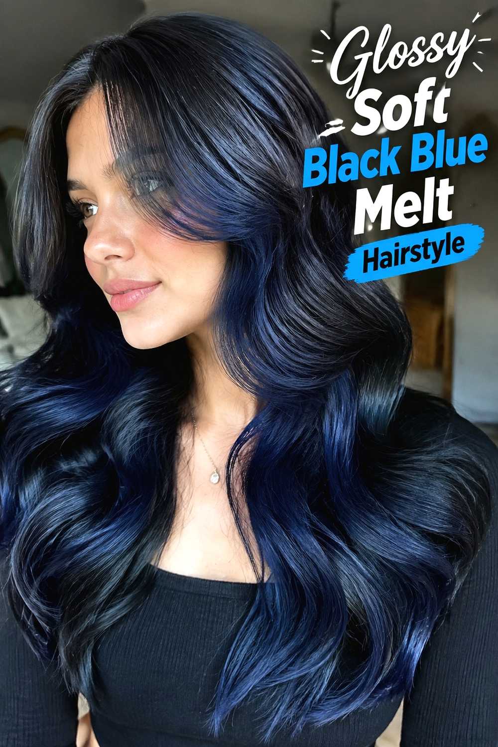 8. Glossy Soft Black Blue Melt Hairstyle