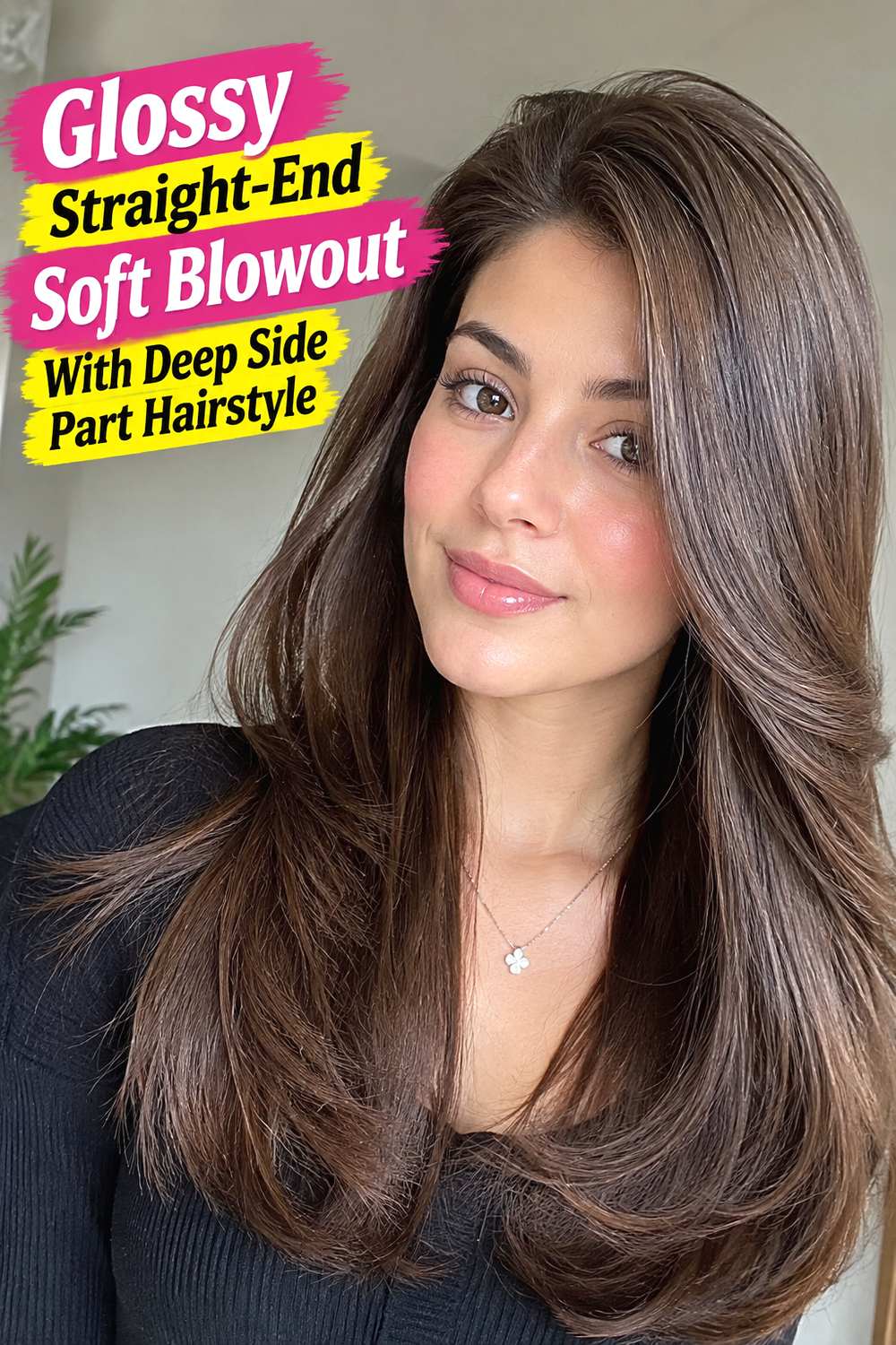 Glossy Straight-End Soft Blowout With Deep Side Part Hairstyle