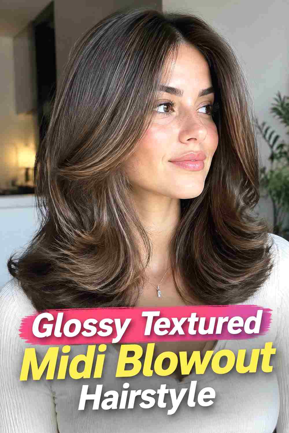 15. Glossy Textured Midi Blowout Hairstyle