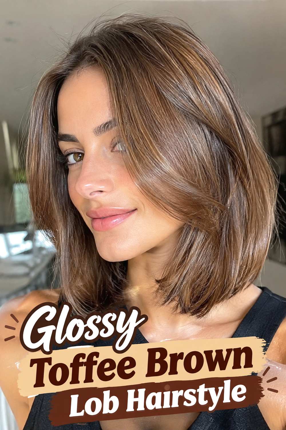 Glossy Toffee Brown Lob Hairstyle