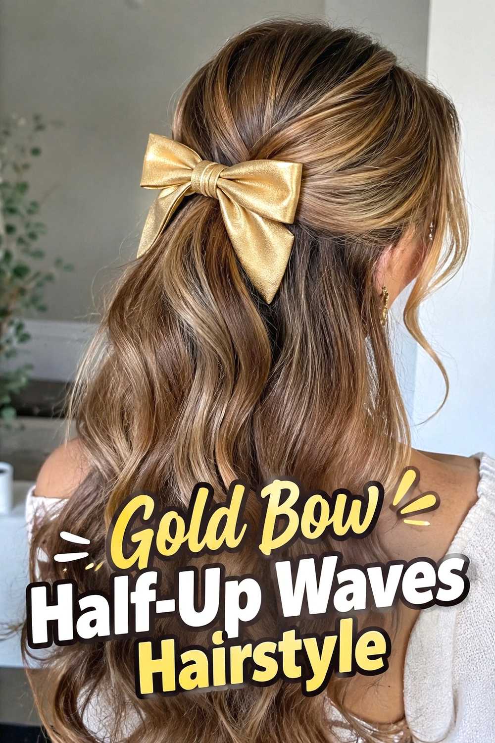 2. Gold Bow Half Up Waves Hairstyle