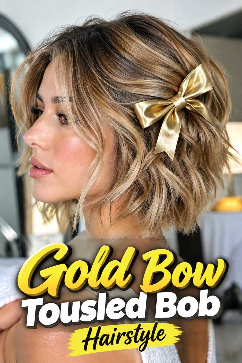 10. Gold Bow Tousled Bob Hairstyle