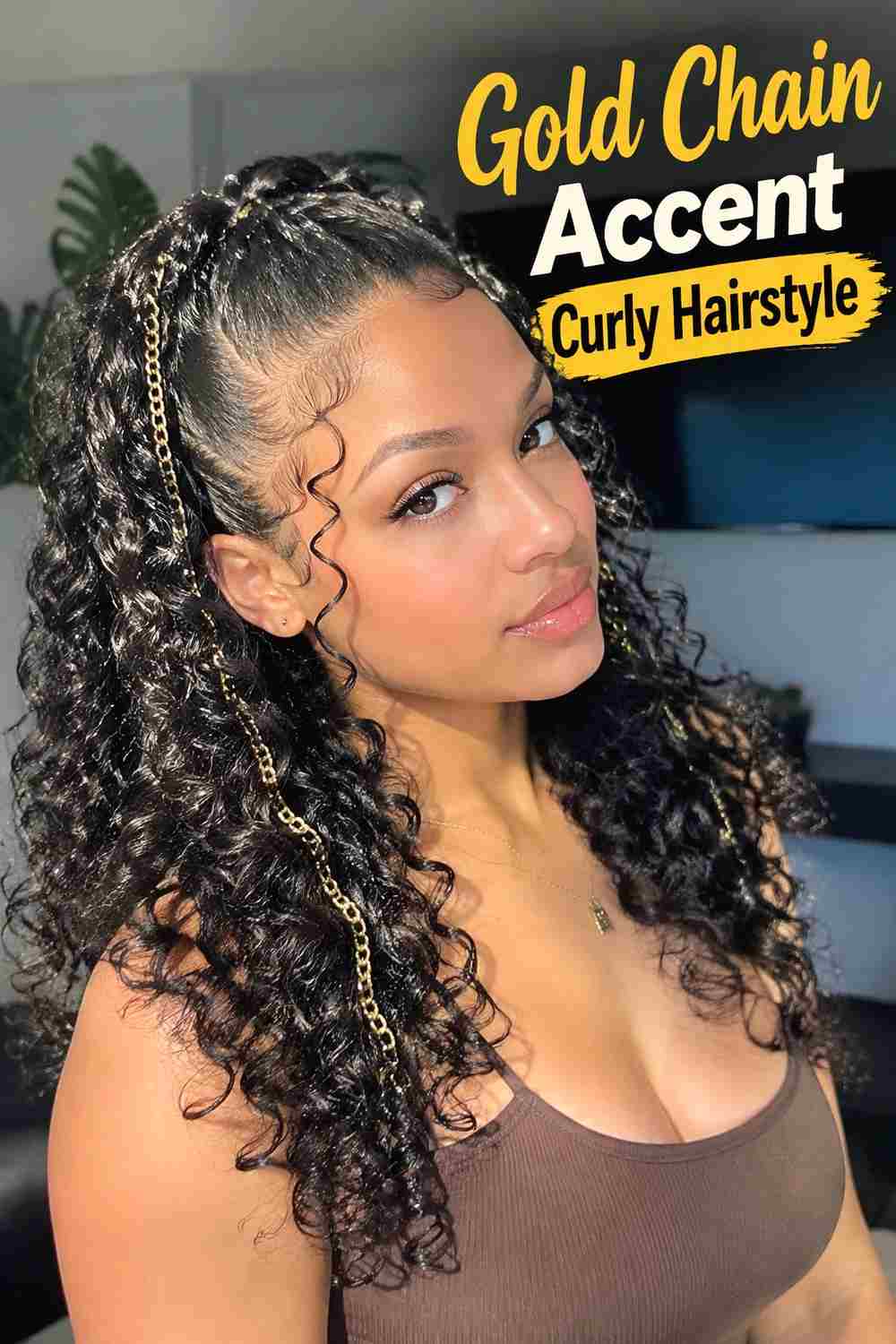 7. Gold Chain Accent Curly Hairstyle