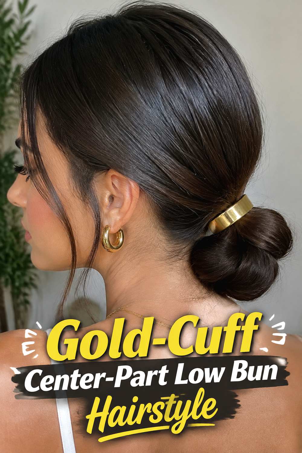 Gold-Cuff Center-Part Low Bun Hairstyle