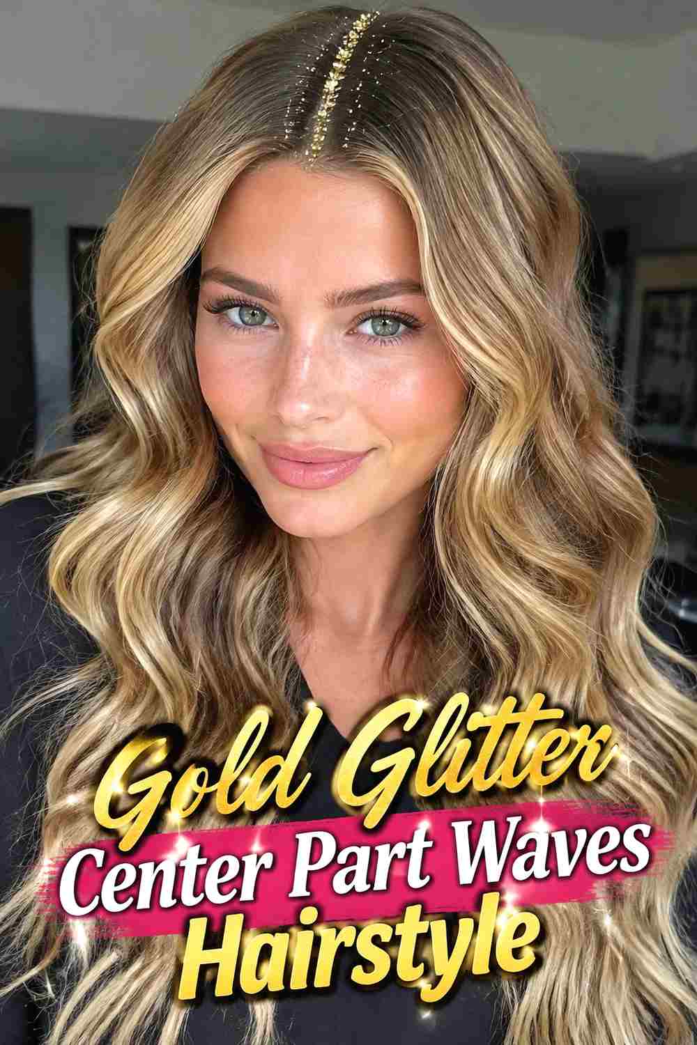 3. Gold Glitter Center Part Waves Hairstyle