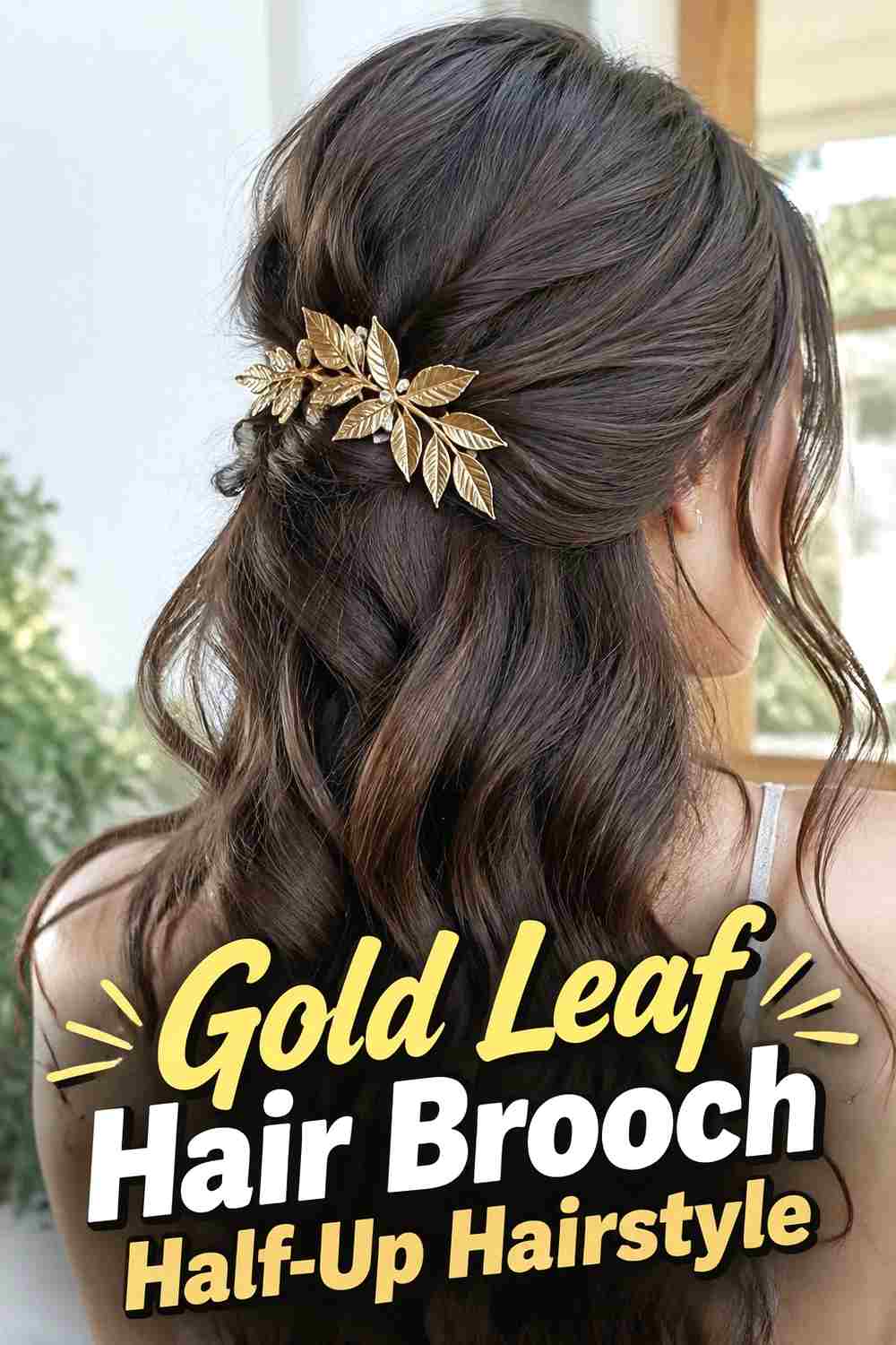 6. Gold Leaf Hair Brooch Half Up Hairstyle