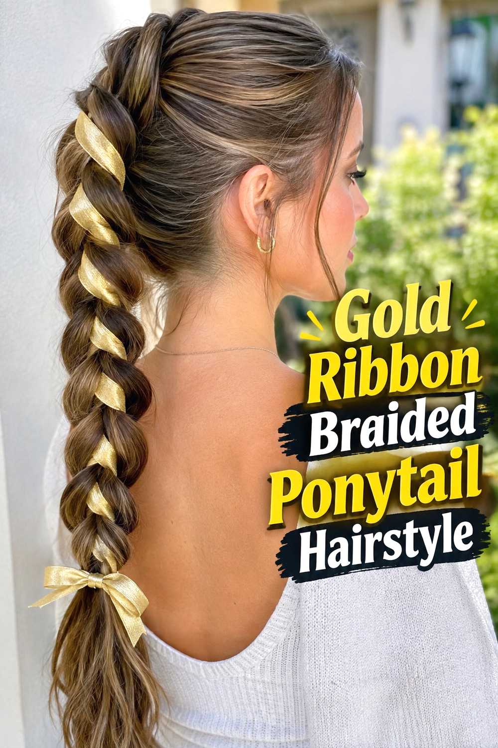3. Gold Ribbon Braided Ponytail Hairstyle