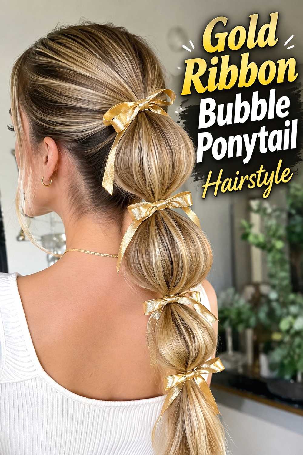 8. Gold Ribbon Bubble Ponytail Hairstyle