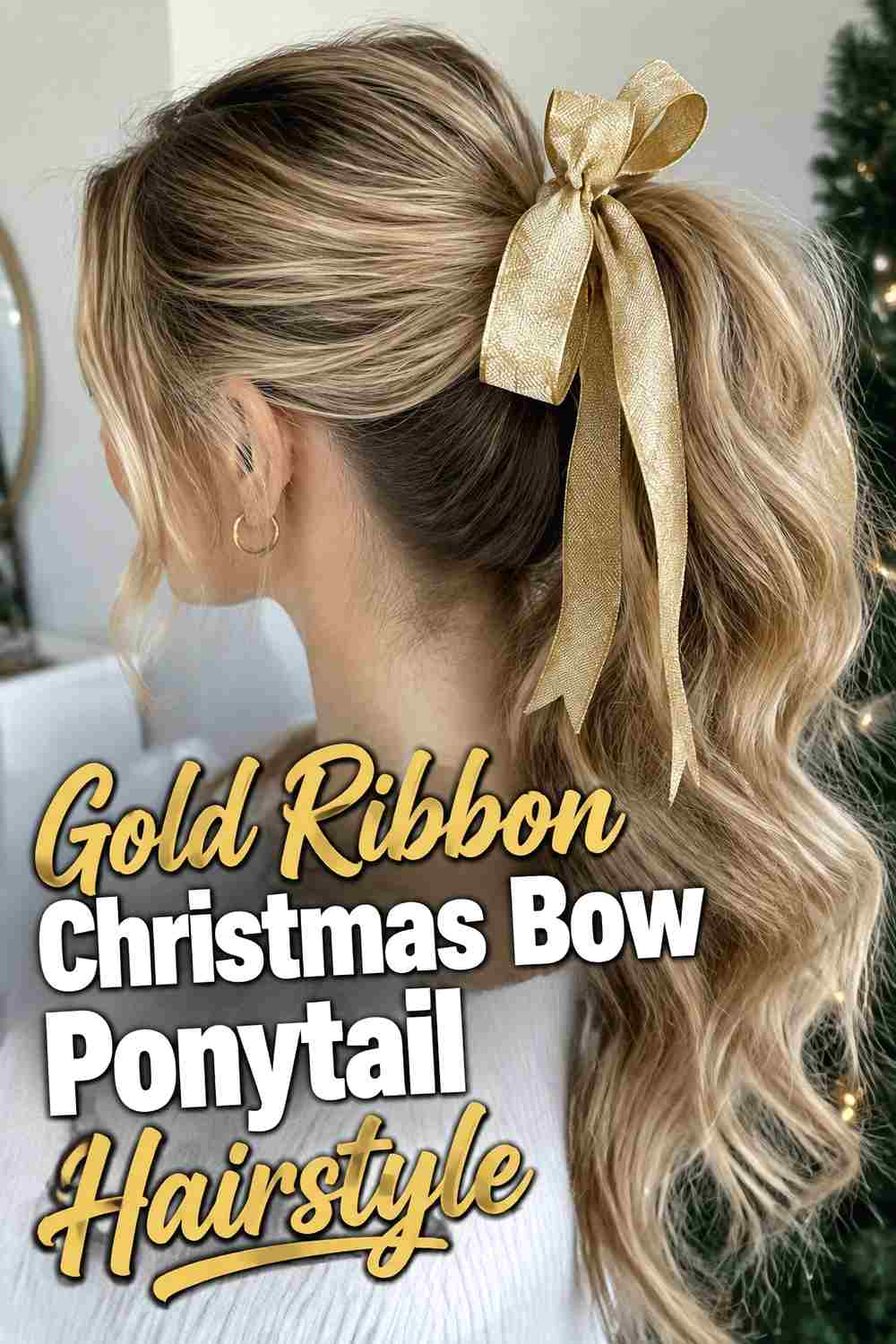 9. Gold Ribbon Christmas Bow Ponytail Hairstyle
