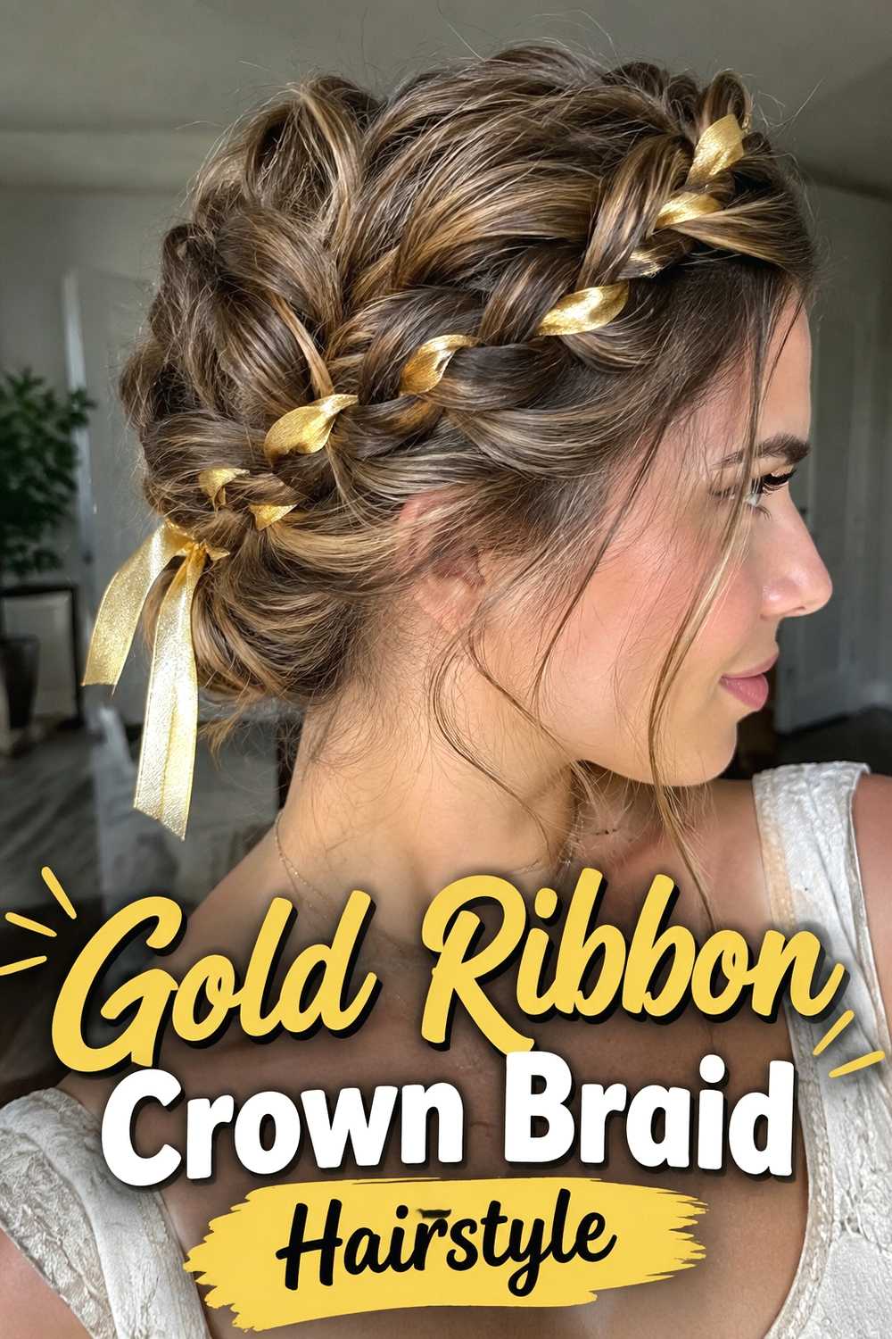 7. Gold Ribbon Crown Braid Hairstyle