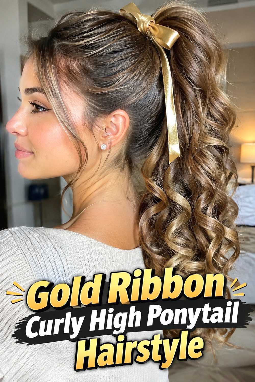 9. Gold Ribbon Curly High Ponytail Hairstyle