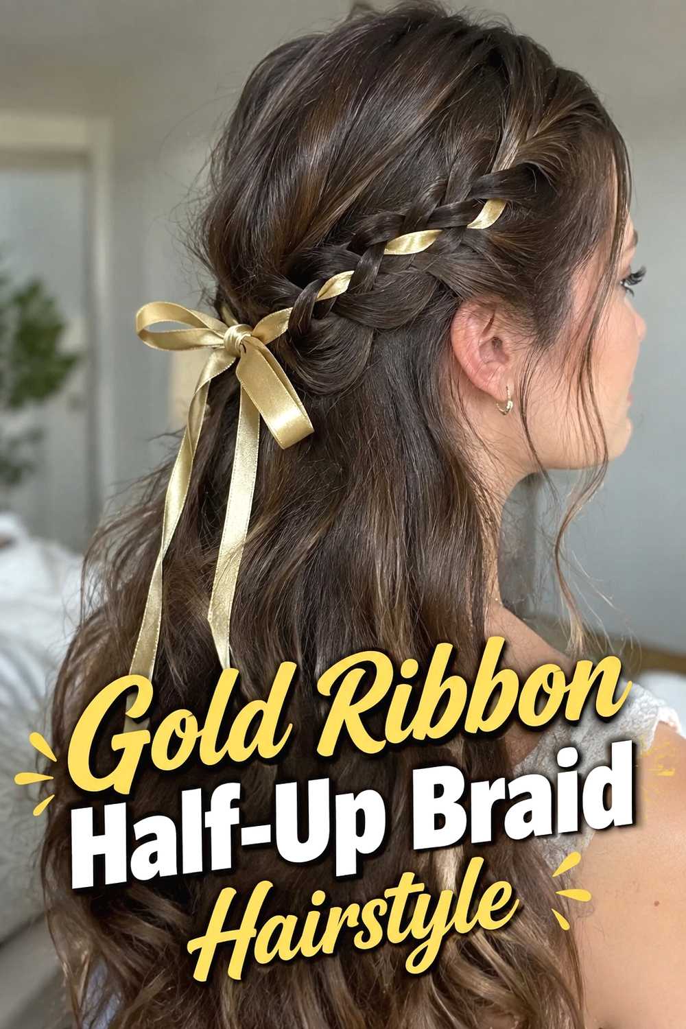 12. Gold Ribbon Half Up Braid Hairstyle