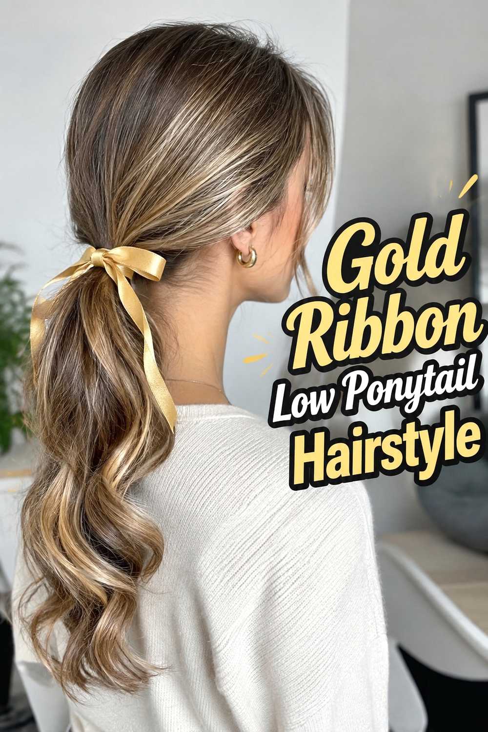 1. Gold Ribbon Low Ponytail Hairstyle