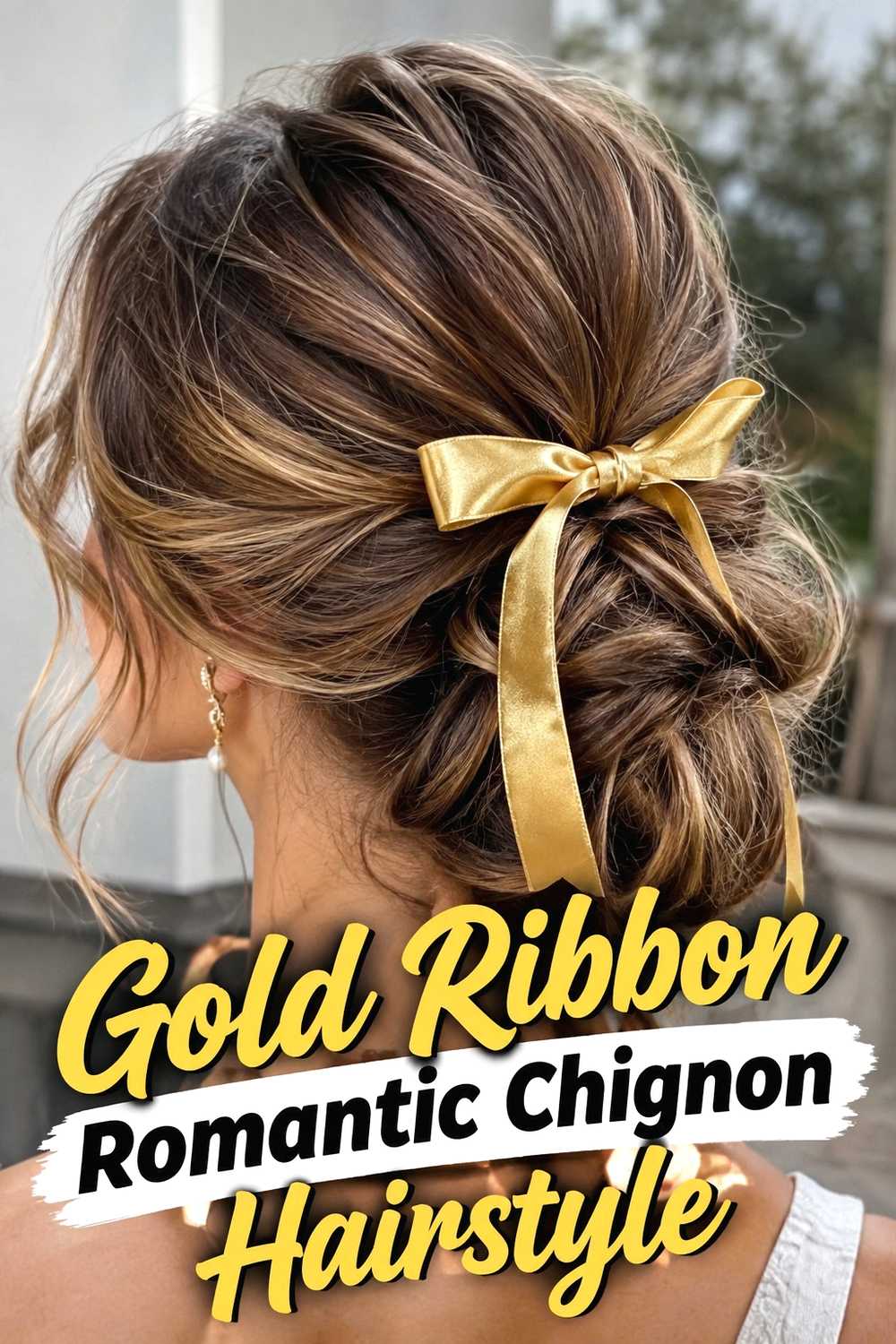 13. Gold Ribbon Romantic Chignon Hairstyle