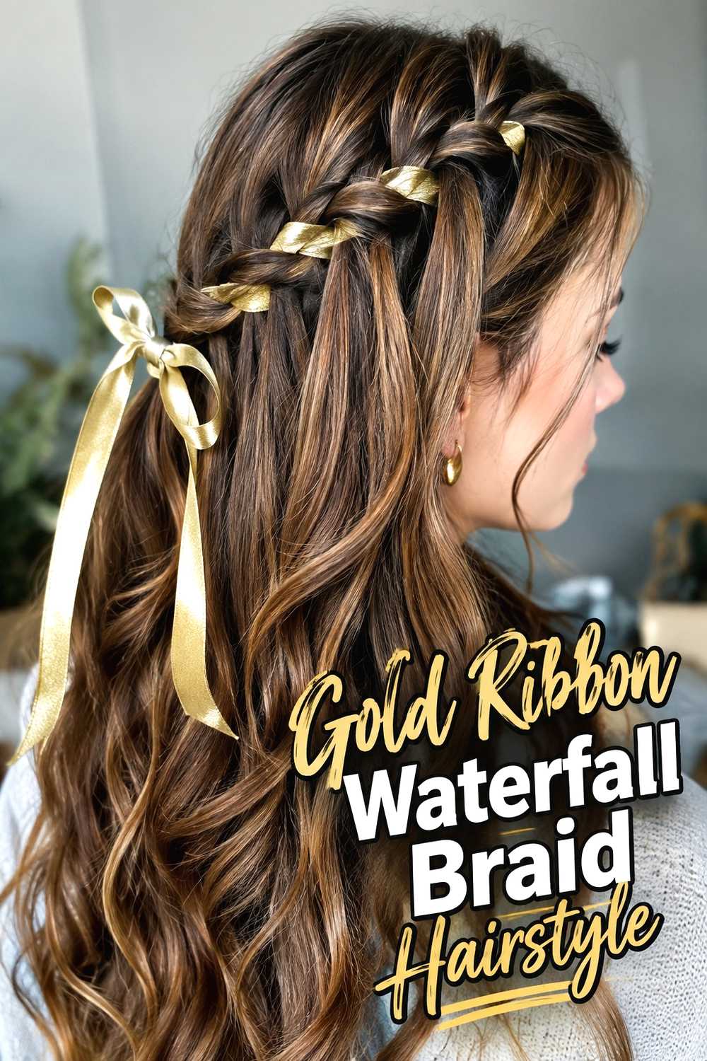 12. Gold Ribbon Waterfall Braid Hairstyle
