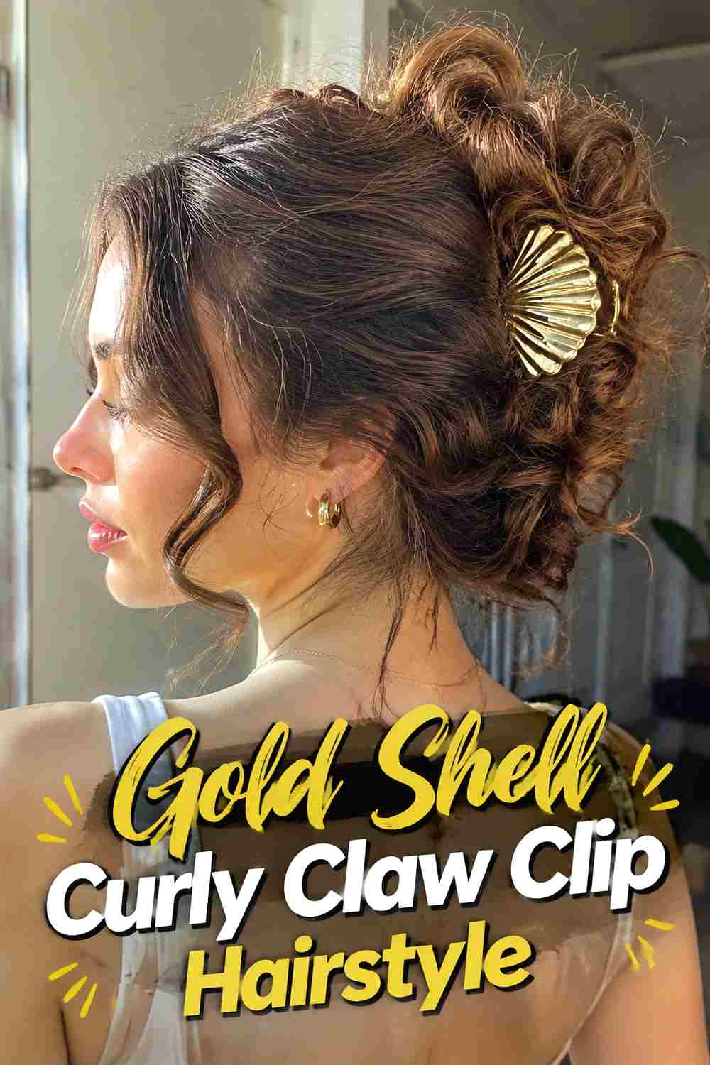 16. Gold Shell Curly Claw Clip Hairstyle