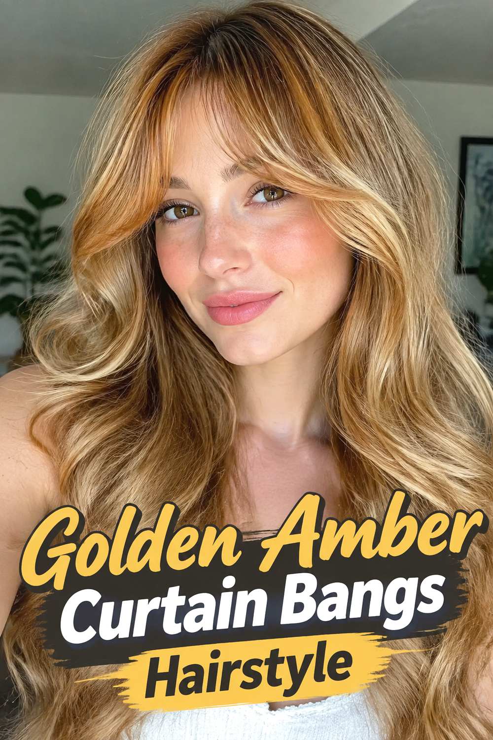 Golden Amber Curtain Bangs Hairstyle
