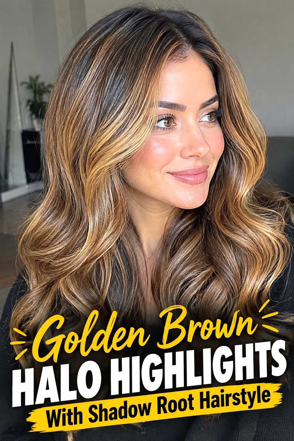 9. Golden Brown Halo Highlights With Shadow Root Hairstyle