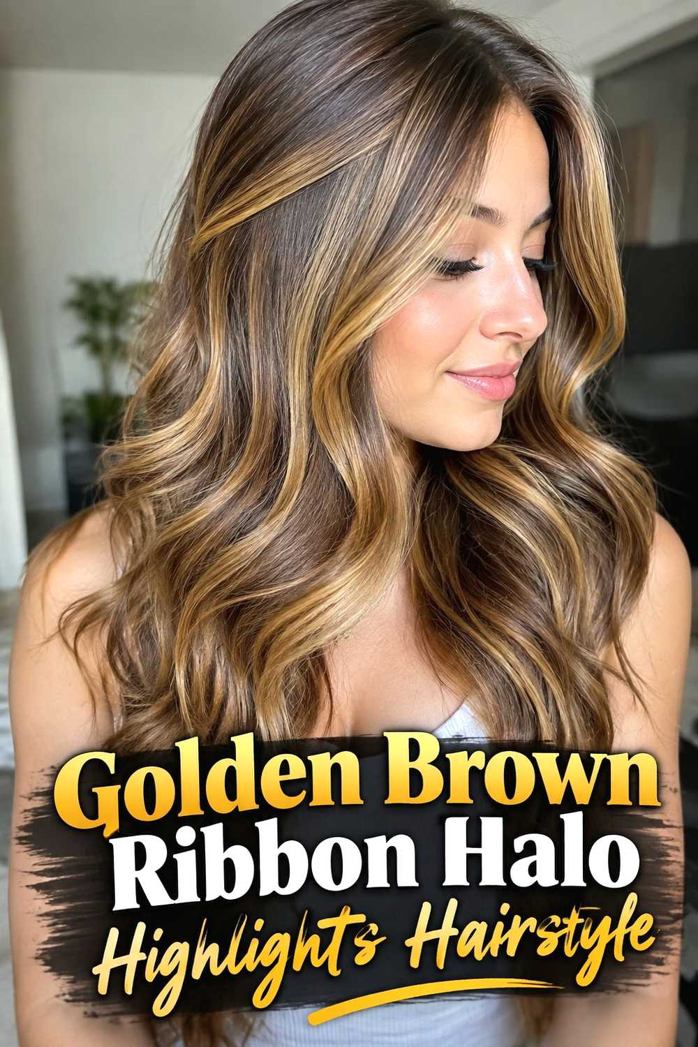 7. Golden Brown Ribbon Halo Highlights Hairstyle