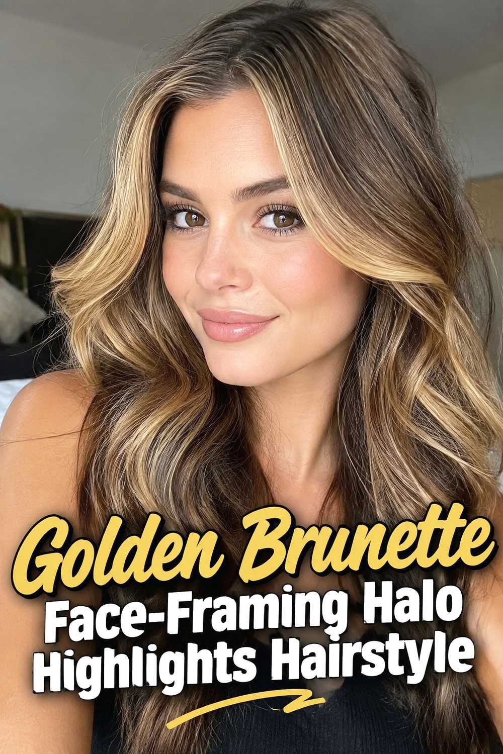 6. Golden Brunette Face Framing Halo Highlights Hairstyle