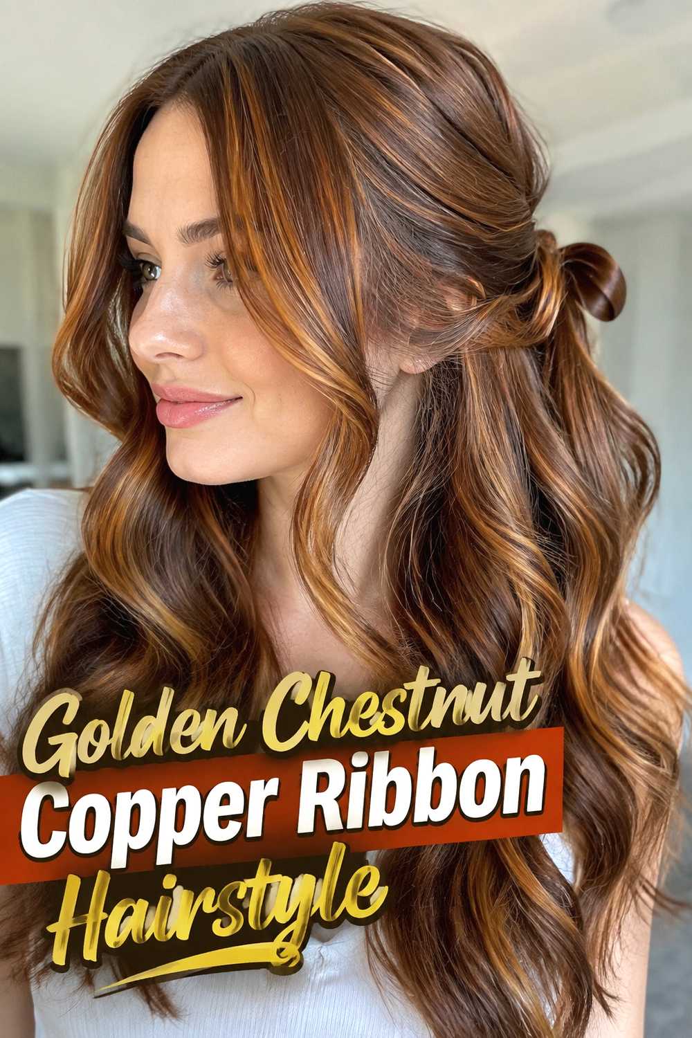 8. Golden Chestnut Copper Ribbon Hairstyle
