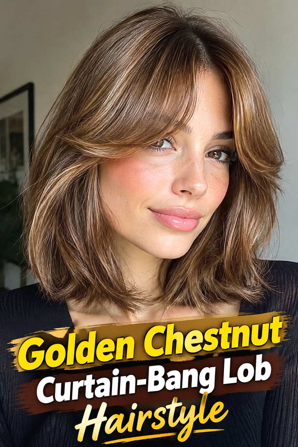 Golden Chestnut Curtain-Bang Lob Hairstyle