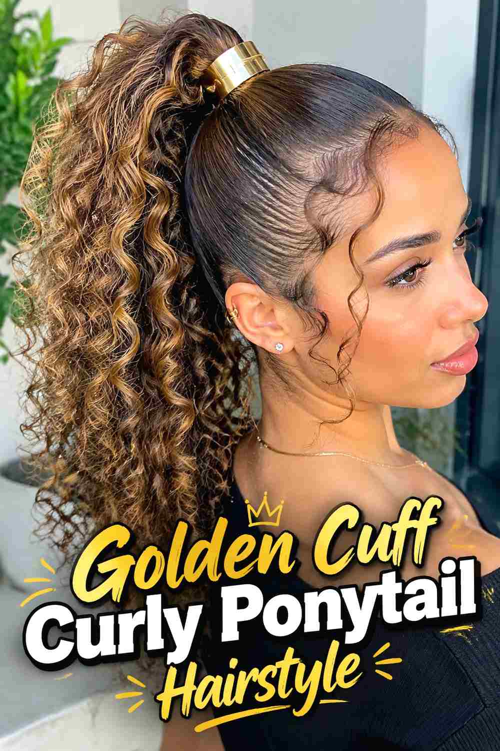 1. Golden Cuff Curly Ponytail Hairstyle