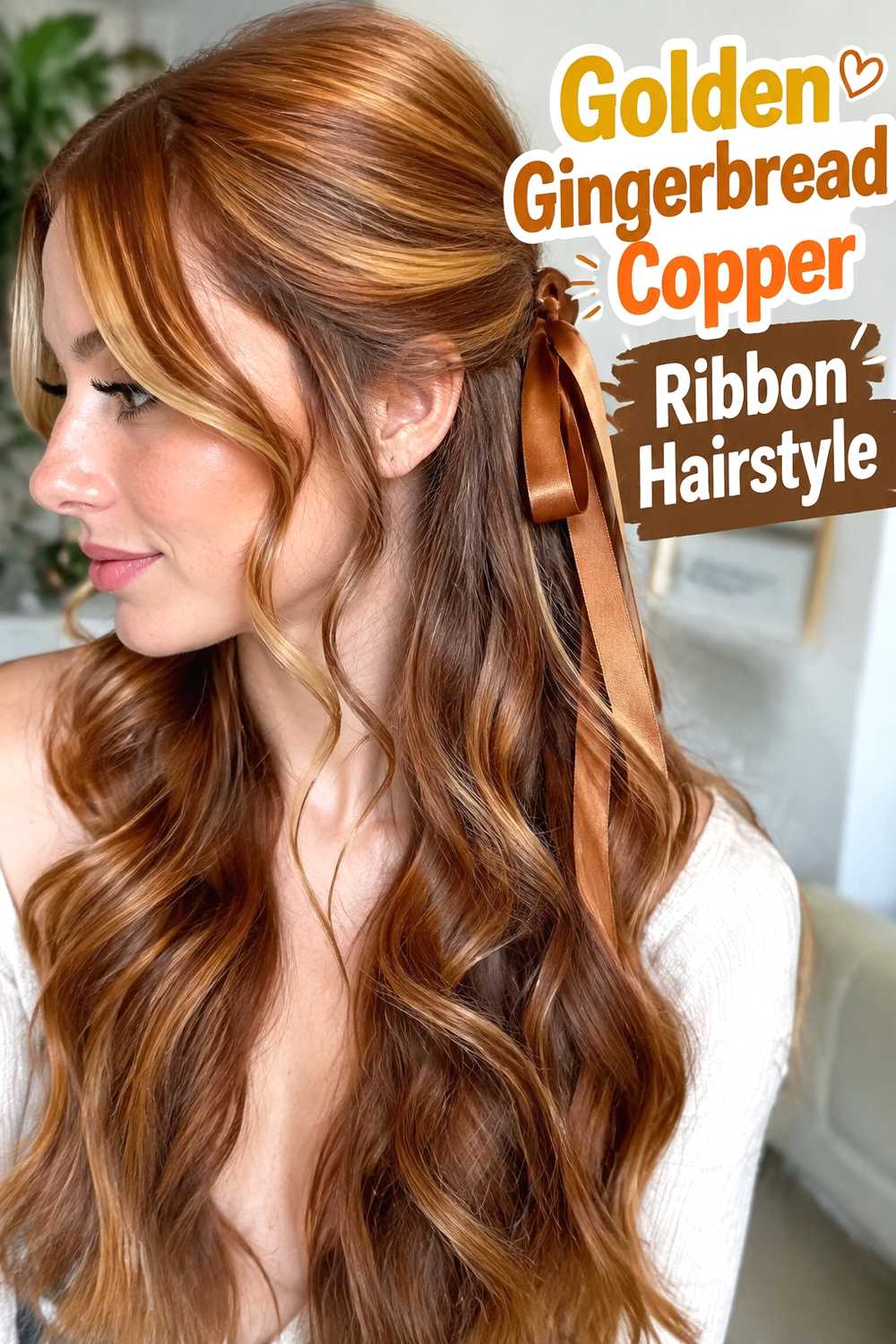 9. Golden Gingerbread Copper Ribbon Hairstyle