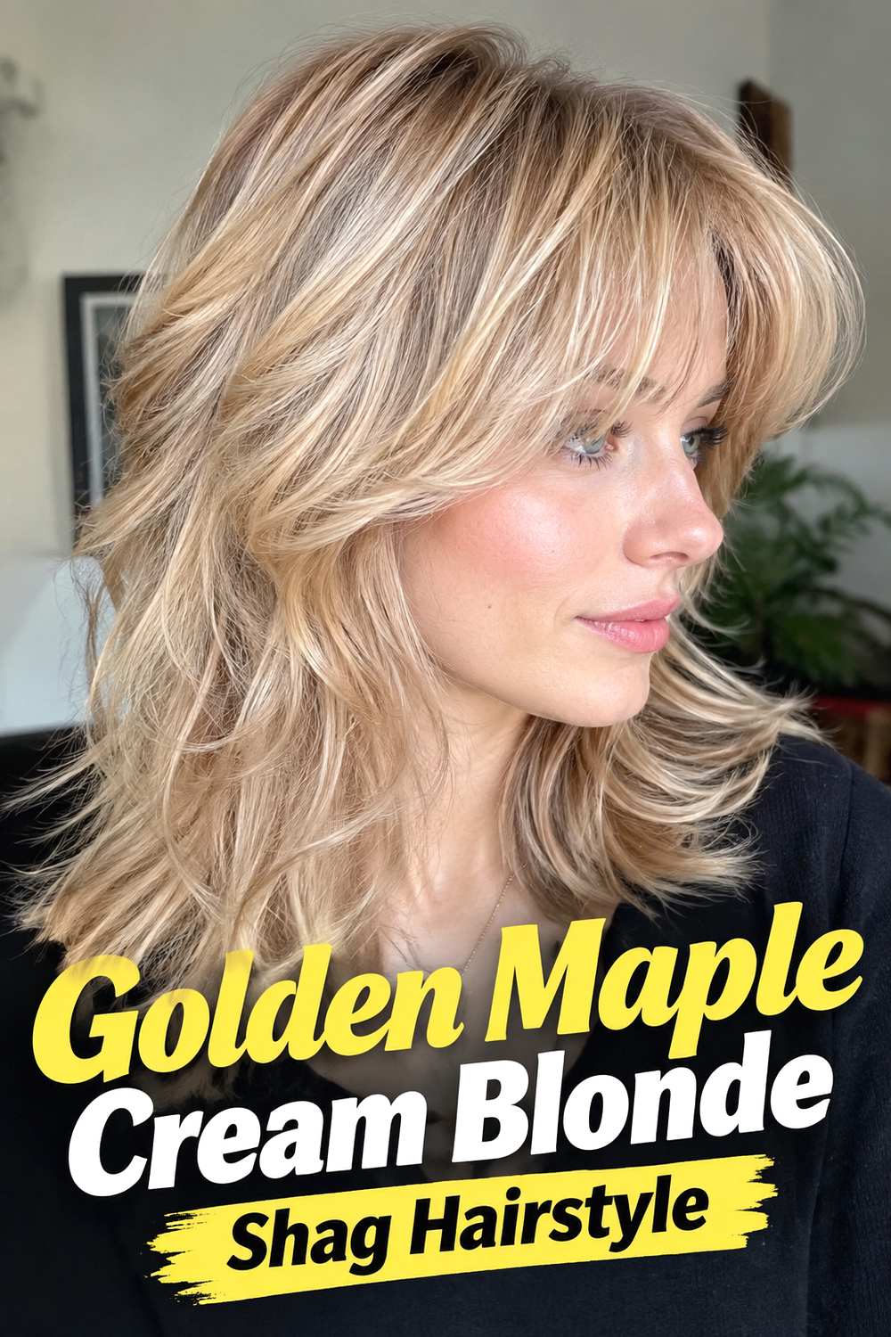 11. Golden Maple Cream Blonde Shag Hairstyle