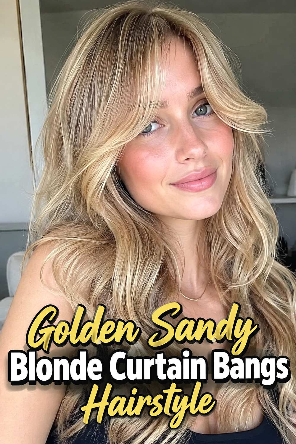 Golden Sandy Blonde Curtain Bangs Hairstyle