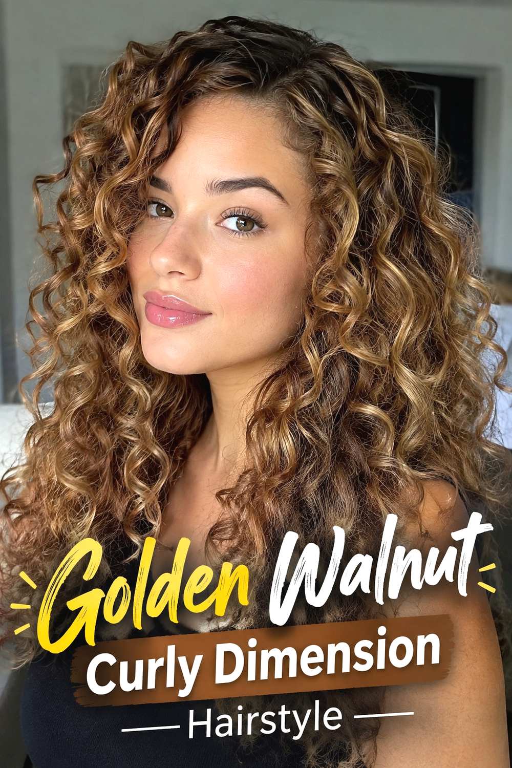 9. Golden Walnut Curly Dimension Hairstyle