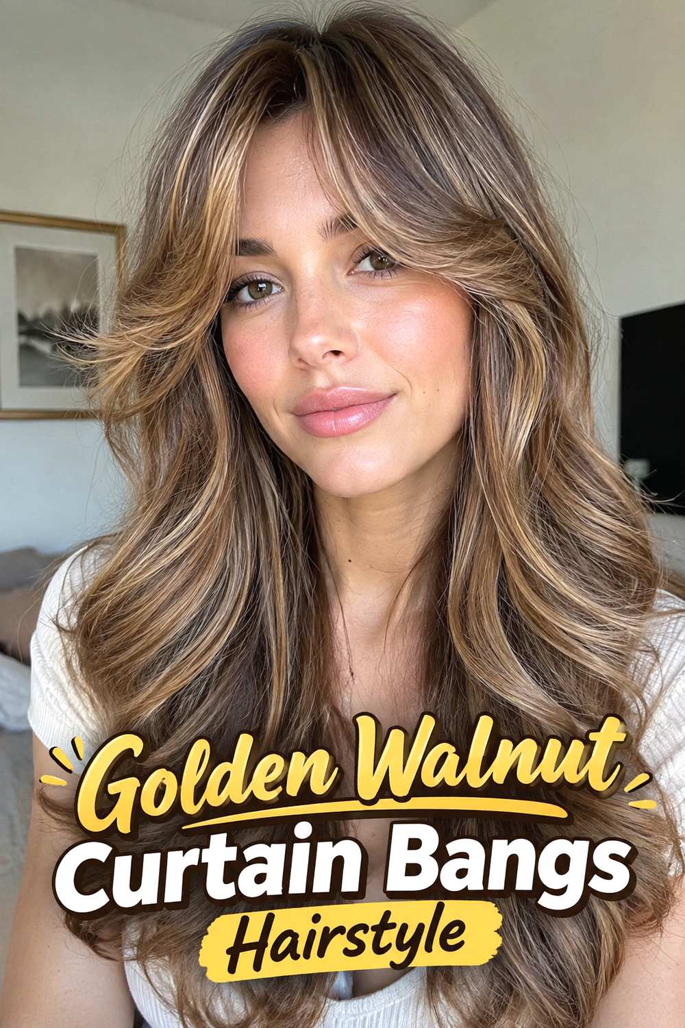13. Golden Walnut Curtain Bangs Hairstyle
