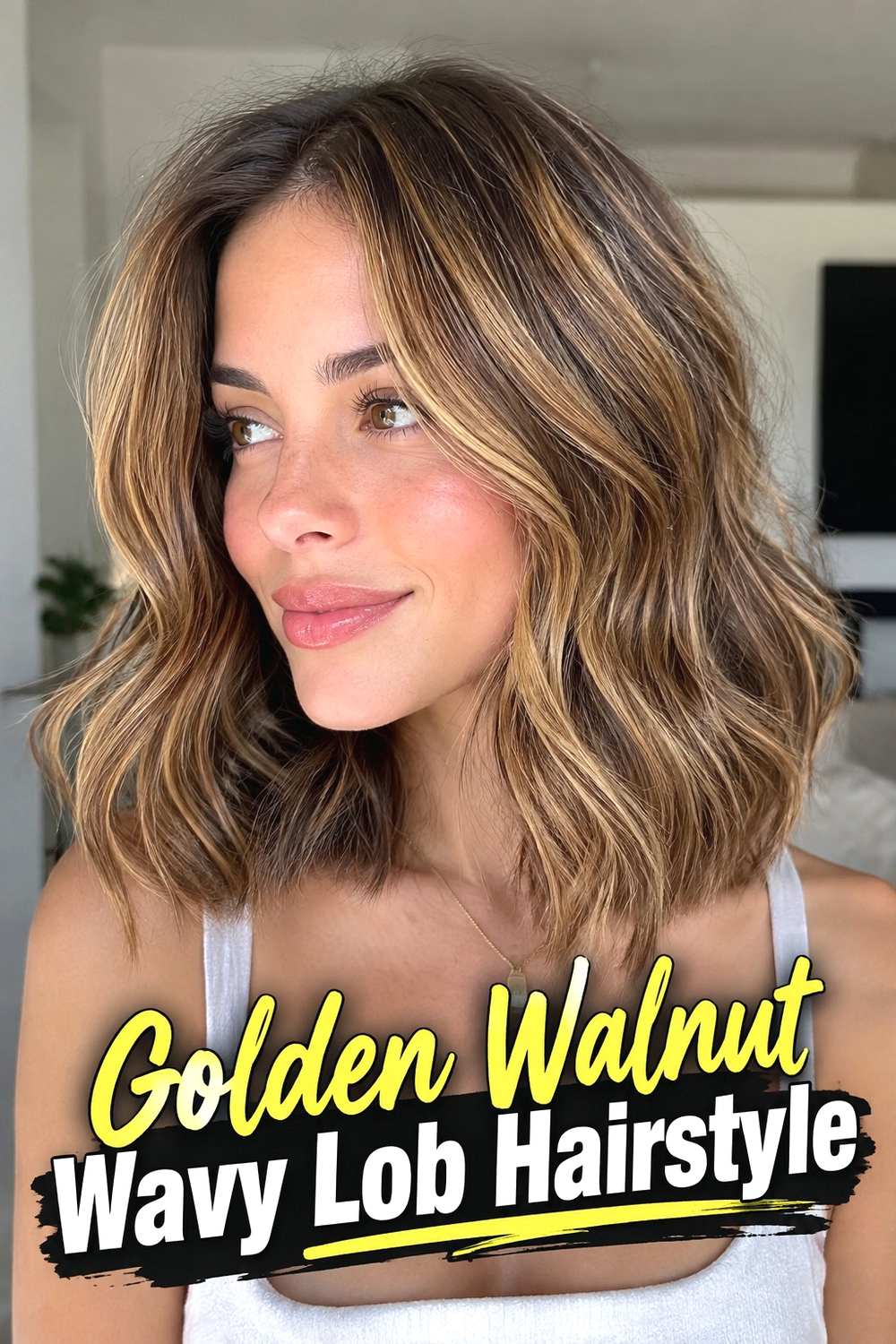 10. Golden Walnut Wavy Lob Hairstyle