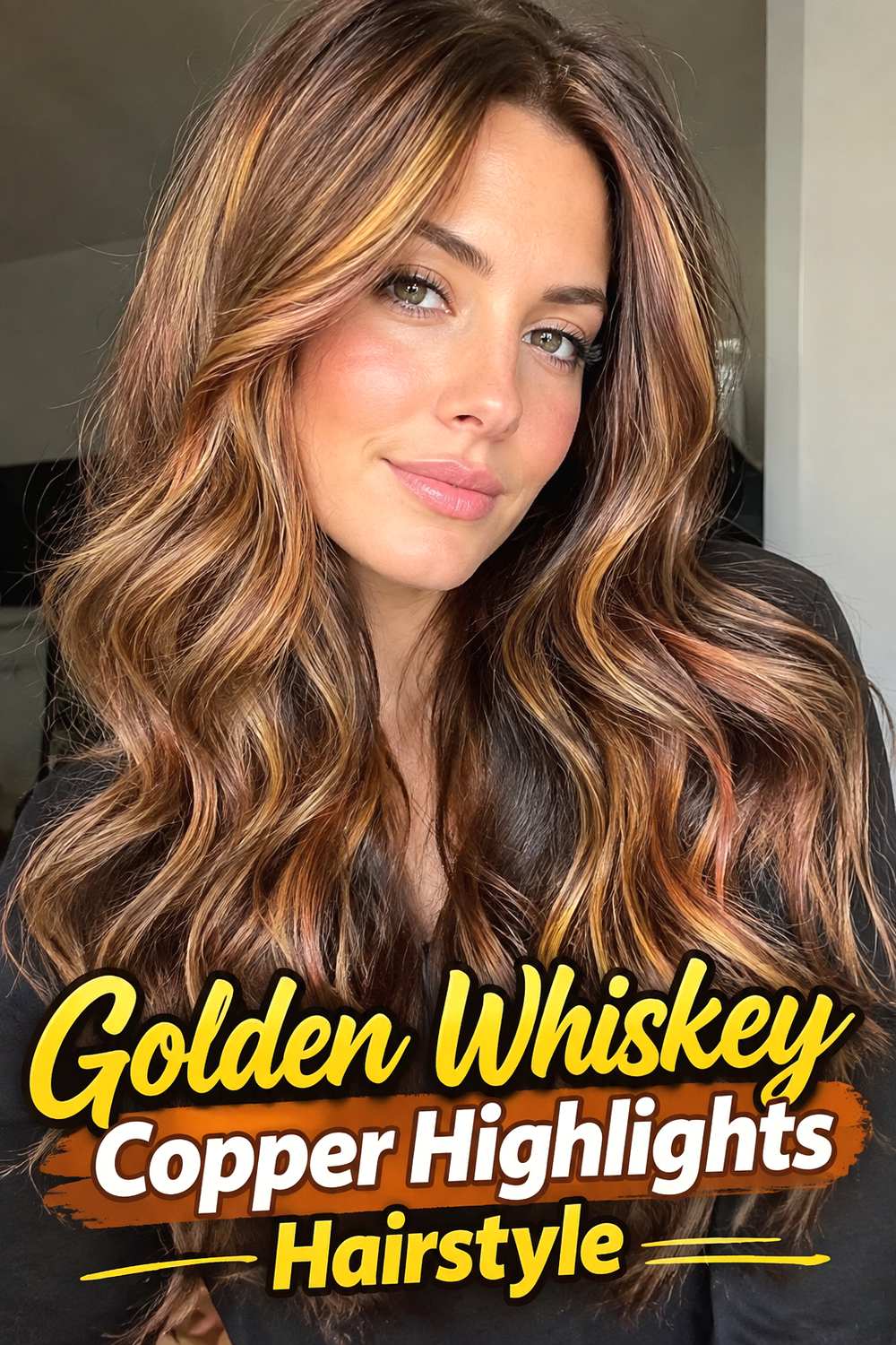 12. Golden Whiskey Copper Highlights Hairstyle