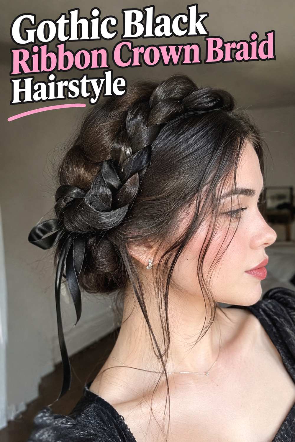 Gothic Black Ribbon Crown Braid Hairstyle