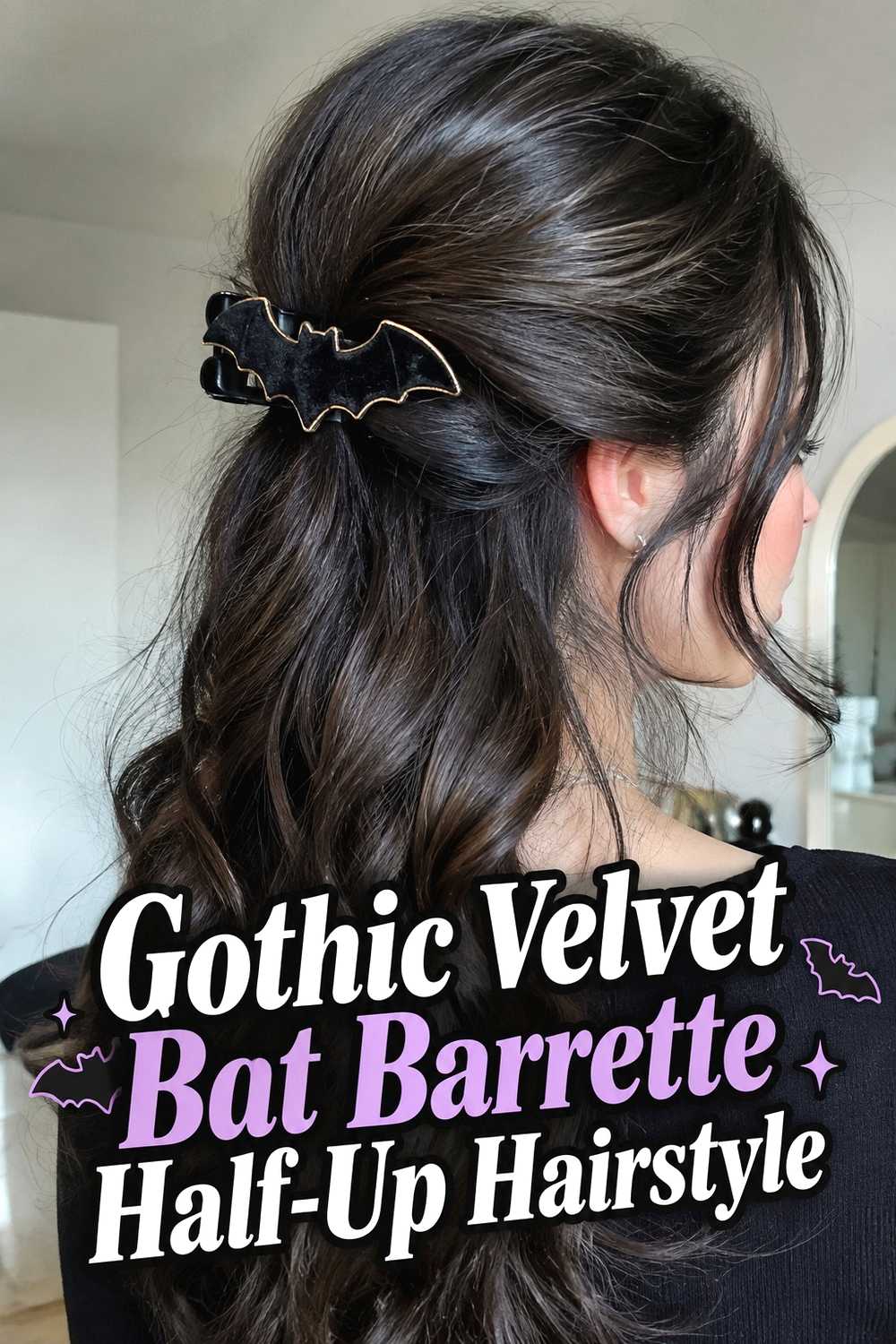 14. Gothic Velvet Bat Barrette Half Up Hairstyle