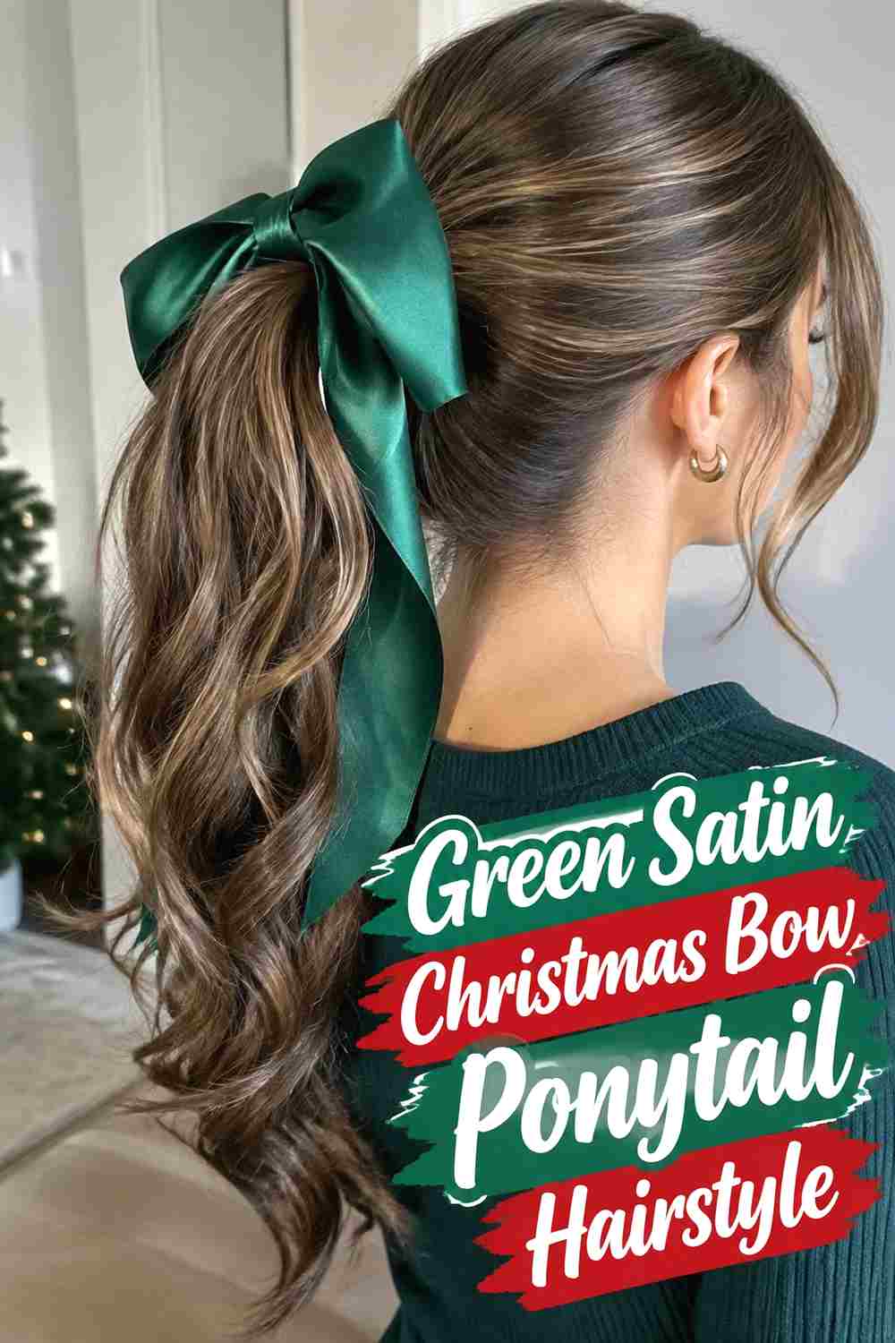 4. Green Satin Christmas Bow Ponytail Hairstyle