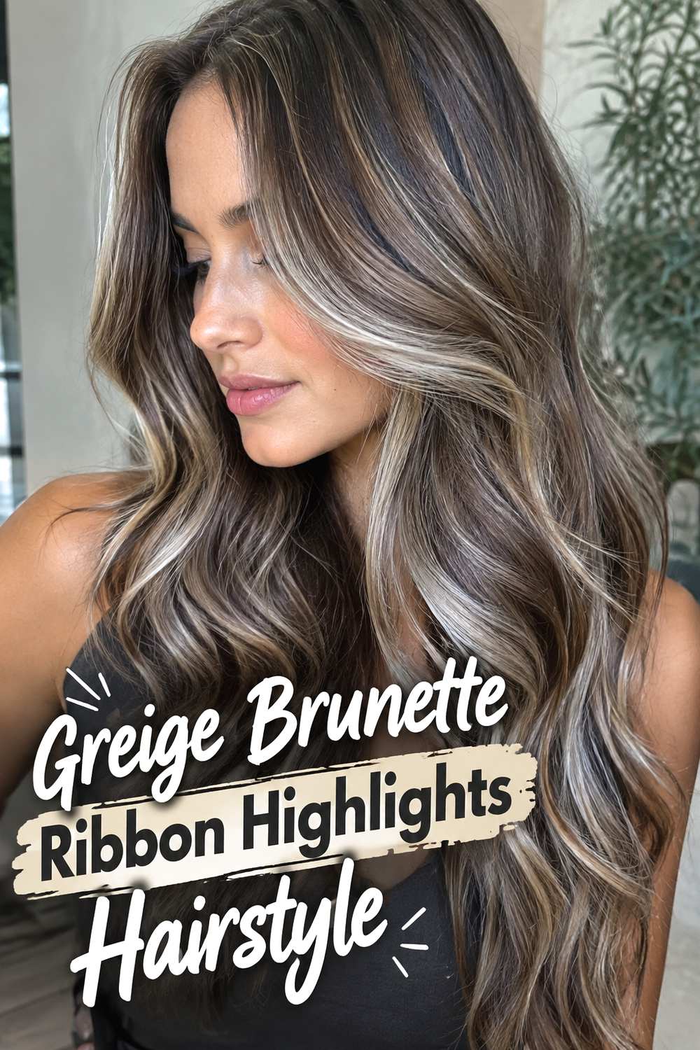11. Greige Brunette Ribbon Highlights Hairstyle