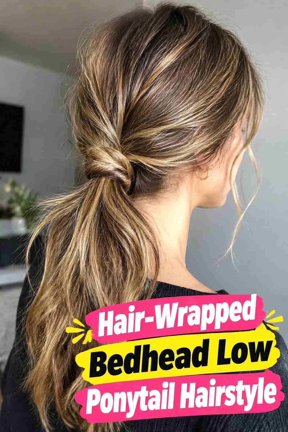 9. Hair Wrapped Bedhead Low Ponytail Hairstyle