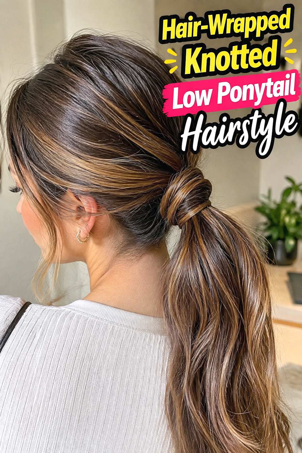 Hair-Wrapped Knotted Low Ponytail Hairstyle