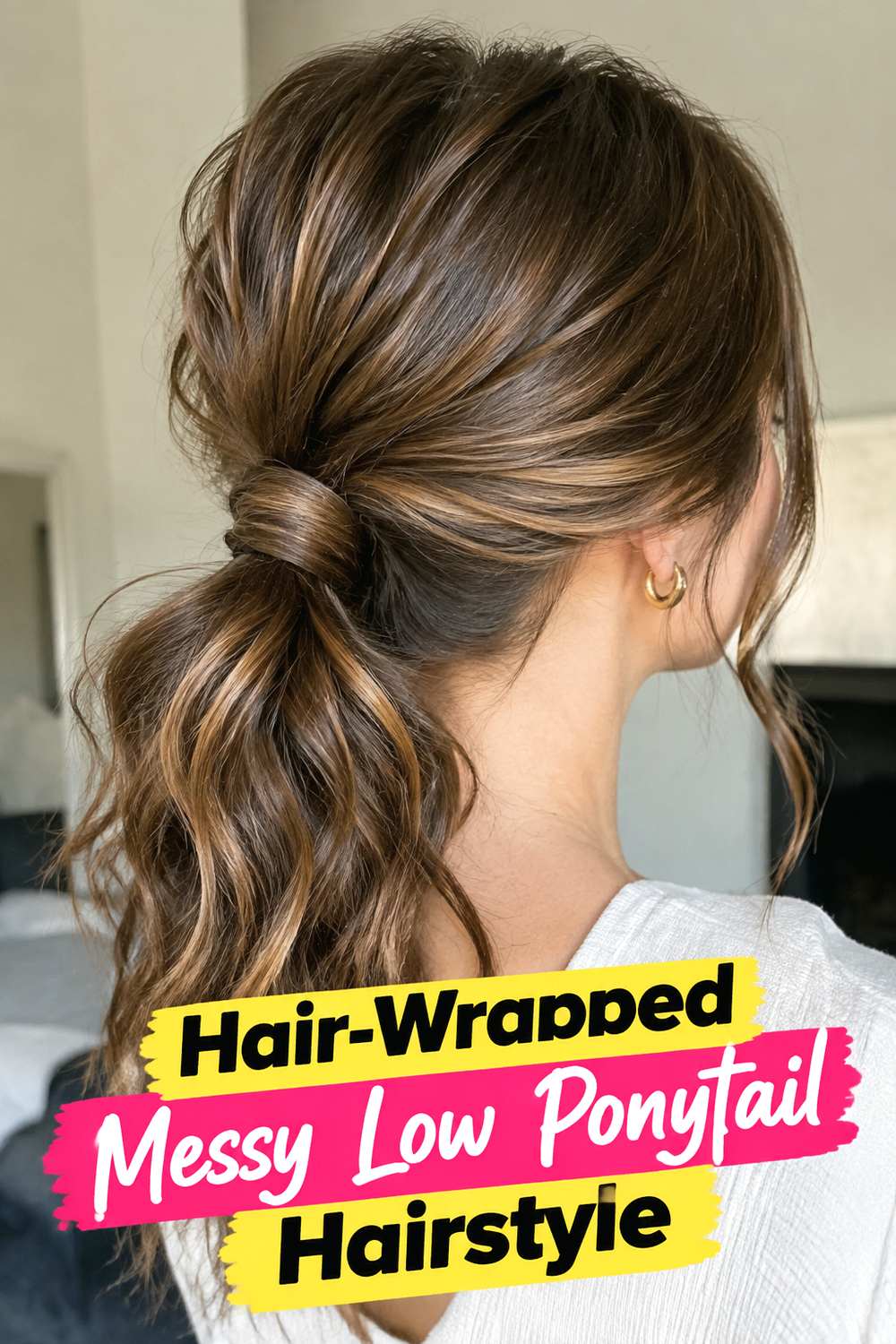 Hair-Wrapped Messy Low Ponytail Hairstyle