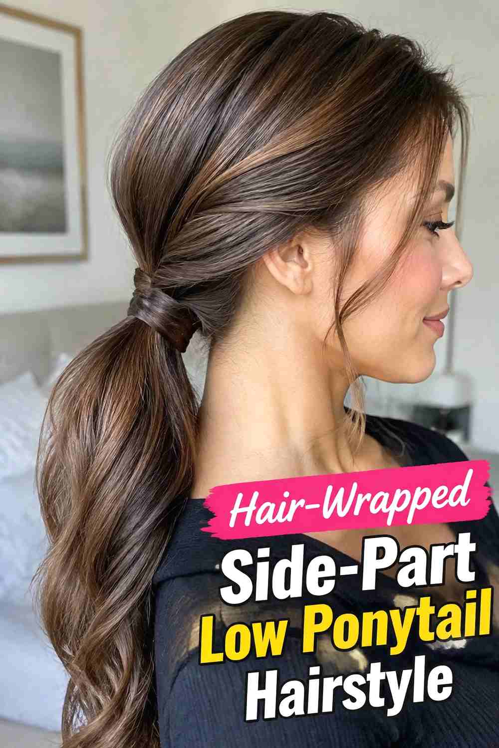 7. Hair Wrapped Side Part Low Ponytail Hairstyle