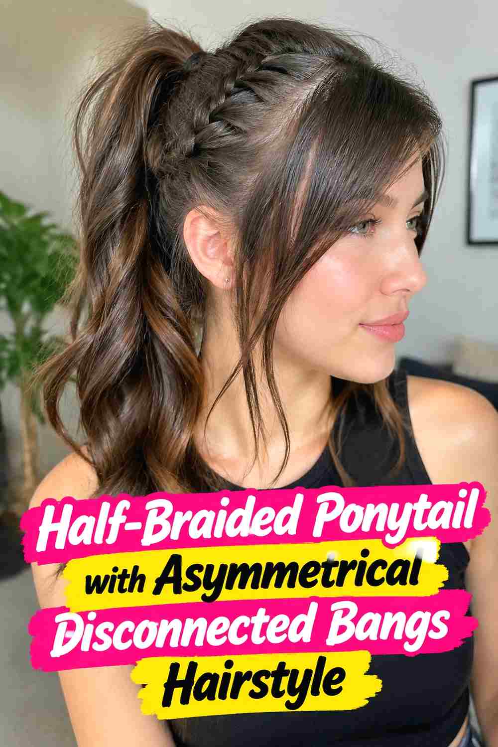 15. Half Braided Ponytail With Asymmetrical Disconnected Bangs Hairstyle