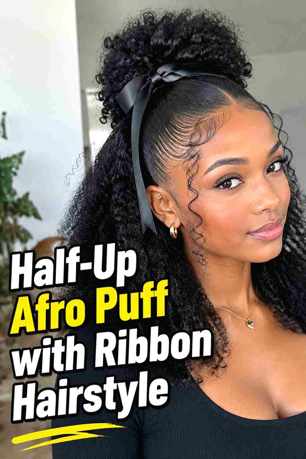 7. Half Up Afro Puff With Ribbon Hairstyle