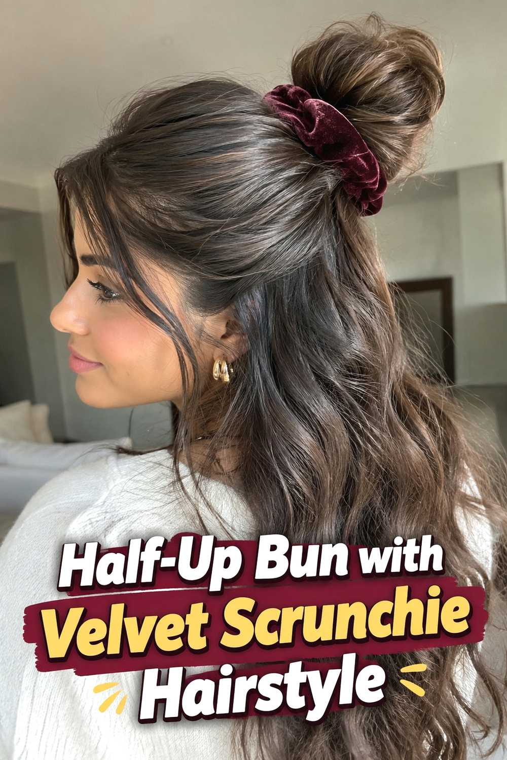 7. Half Up Bun With Velvet Scrunchie Hairstyle