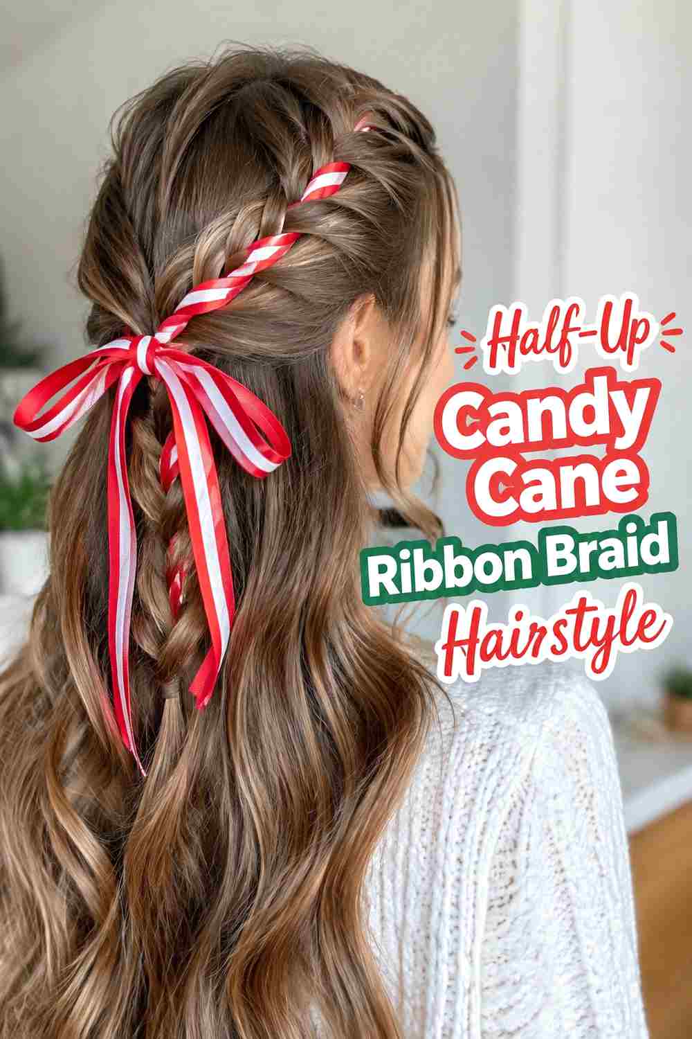 3. Half Up Candy Cane Ribbon Braid Hairstyle
