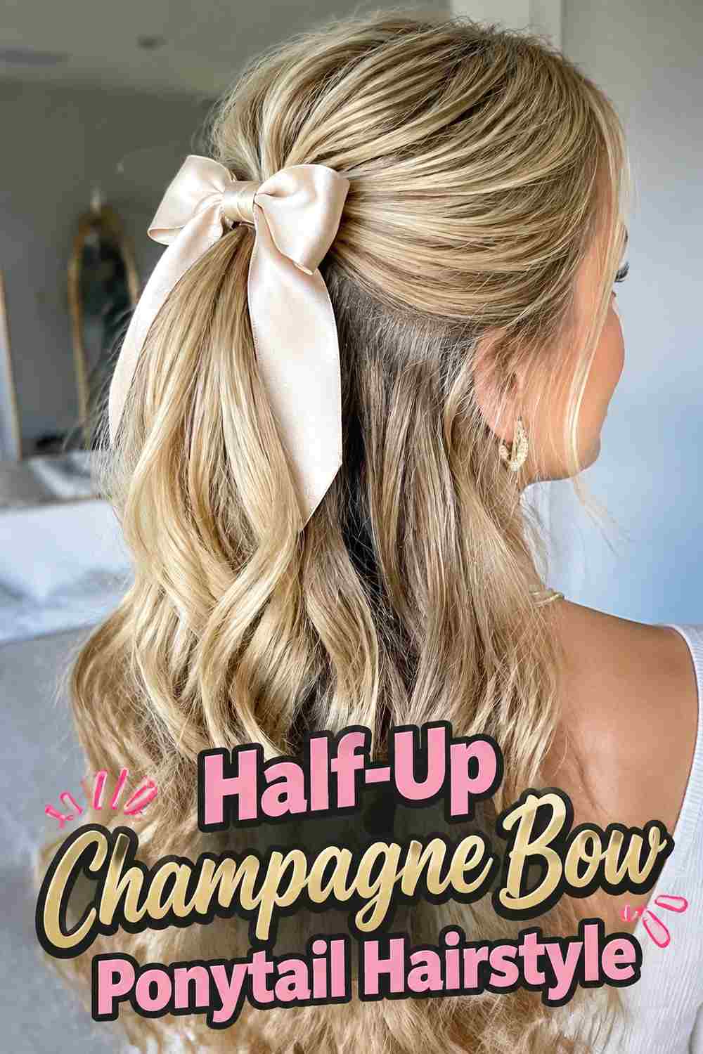 8. Half Up Champagne Bow Ponytail Hairstyle