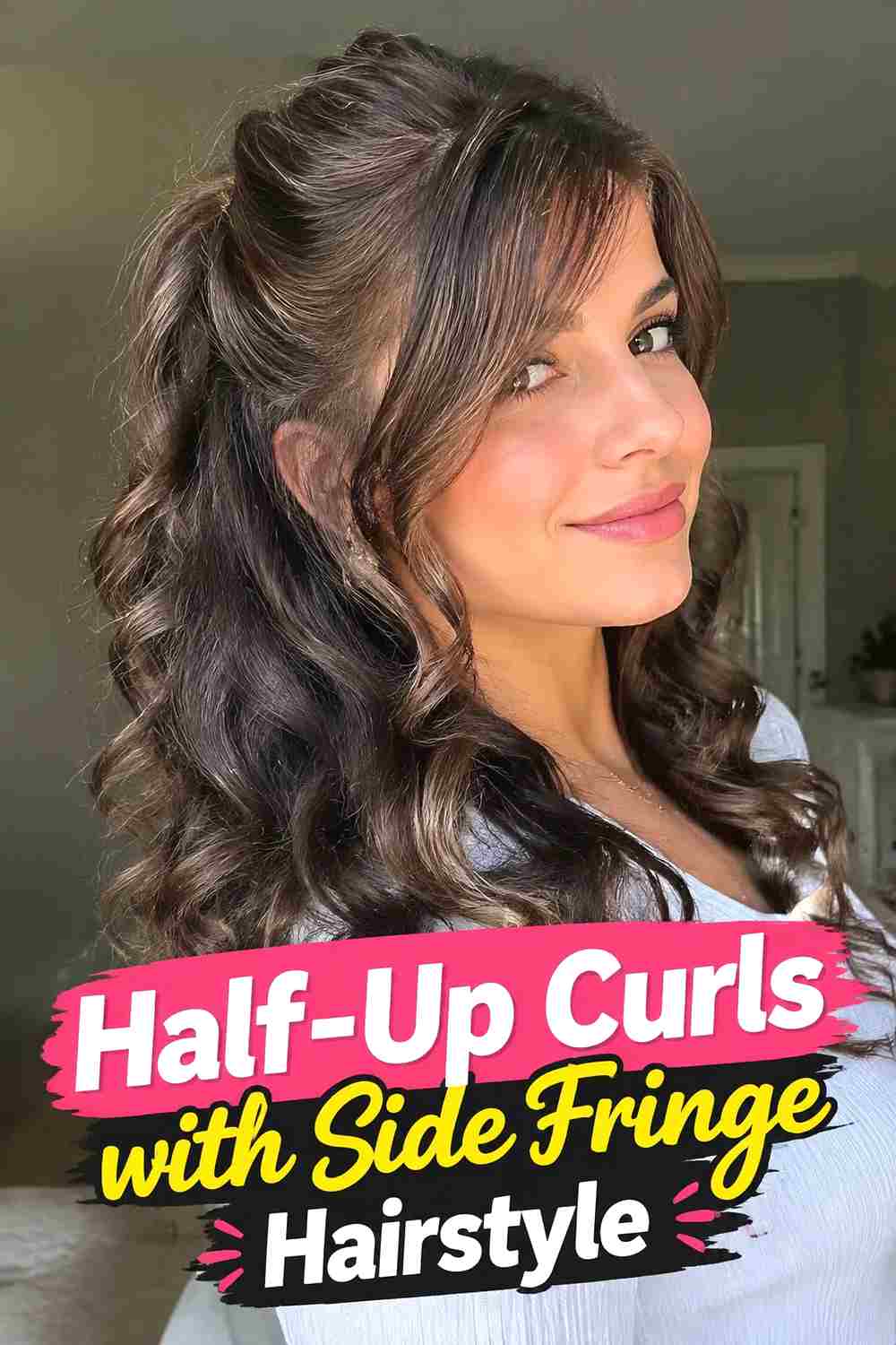 9. Half Up Curls With Side Fringe Hairstyle