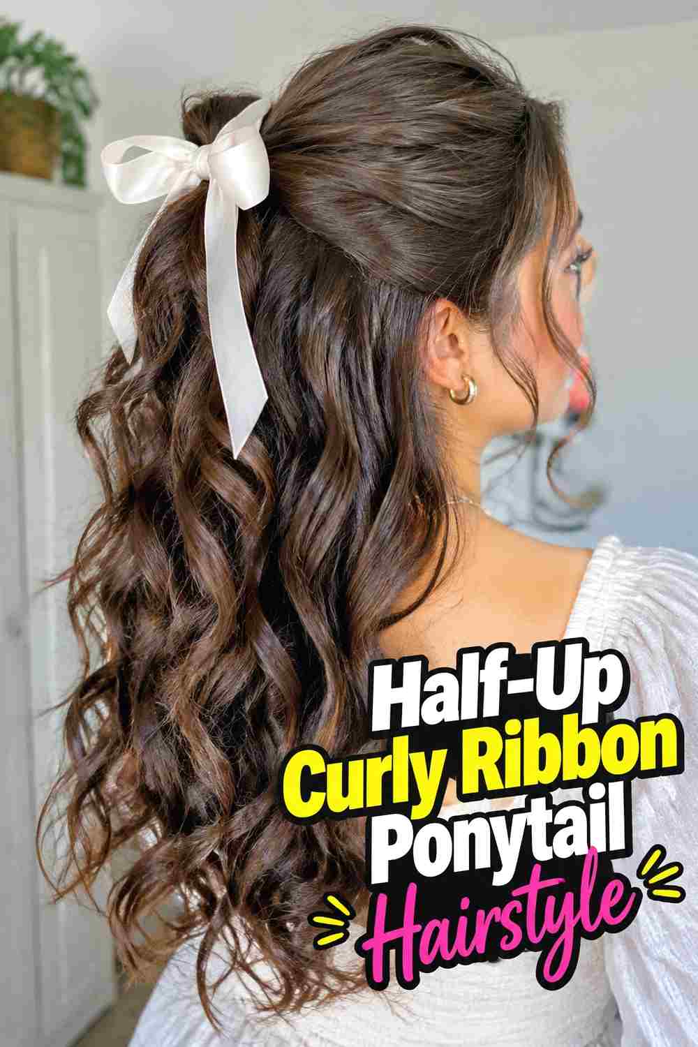 3. Half Up Curly Ribbon Ponytail Hairstyle