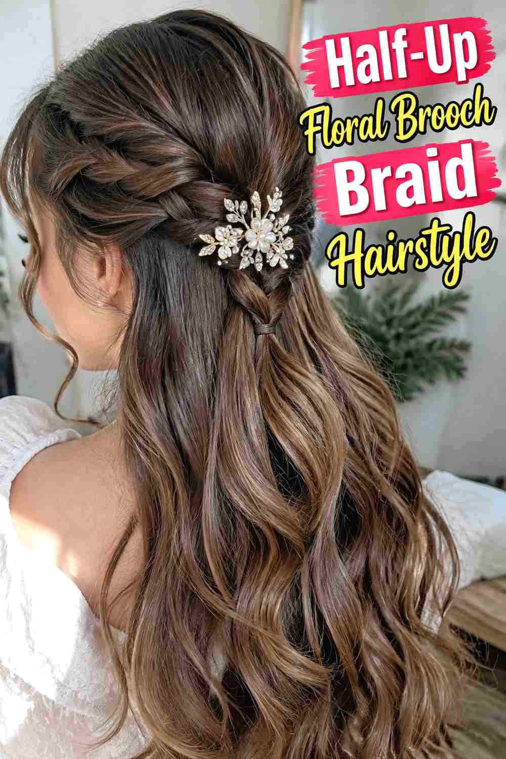 4. Half Up Floral Brooch Braid Hairstyle